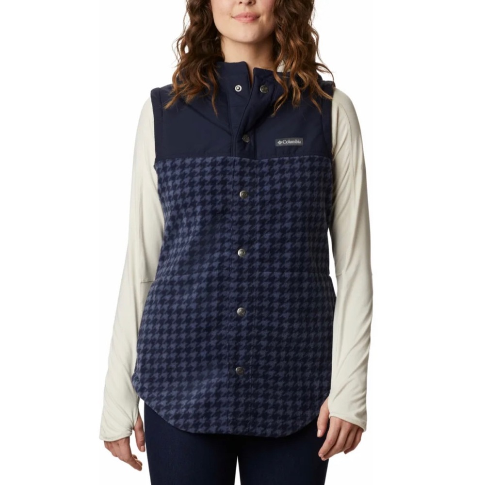 COLUMBIA Benton Springs Overlay Hooded Fleece Vest Navy Nocturnal Houndstooth
